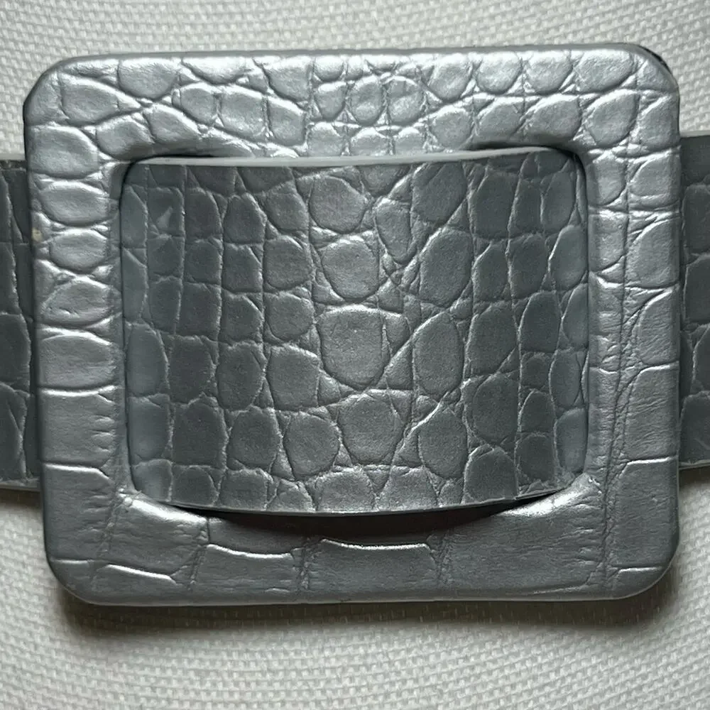 Betsey Johnson Silver Wide Leather Belt Size Medium Statement Reptile Embossed